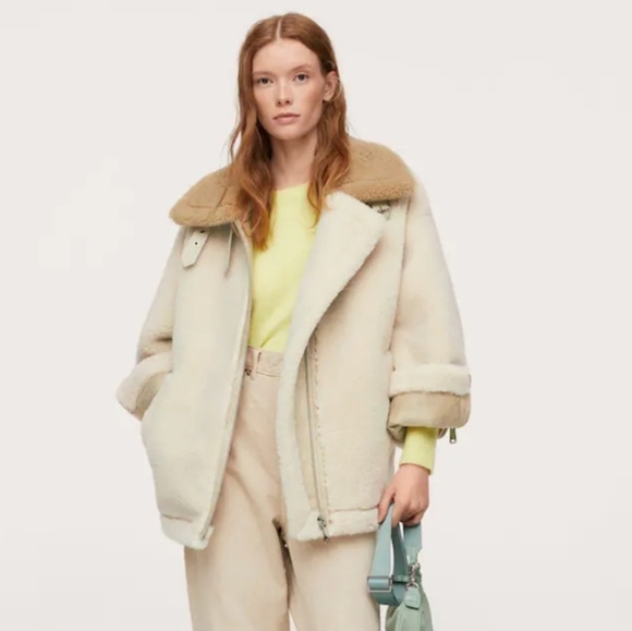 Mango Oversized Faux Fur and Shearling Effect Jacket In Ecru Size Small - Picture 1 of 16